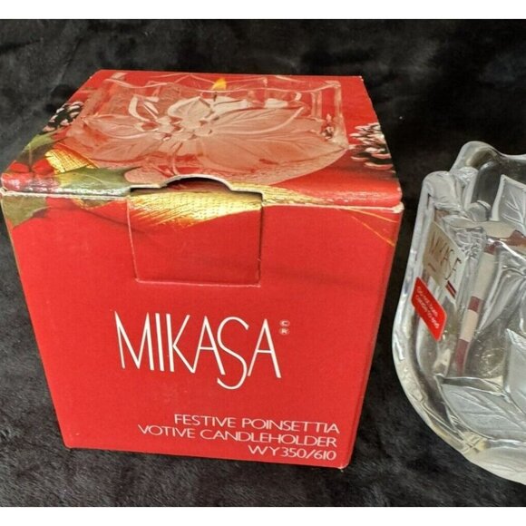 NEW 1990s Mikasa Festive Poinsettia Votive Candleholder Crystal Cut Glass - Picture 2 of 13